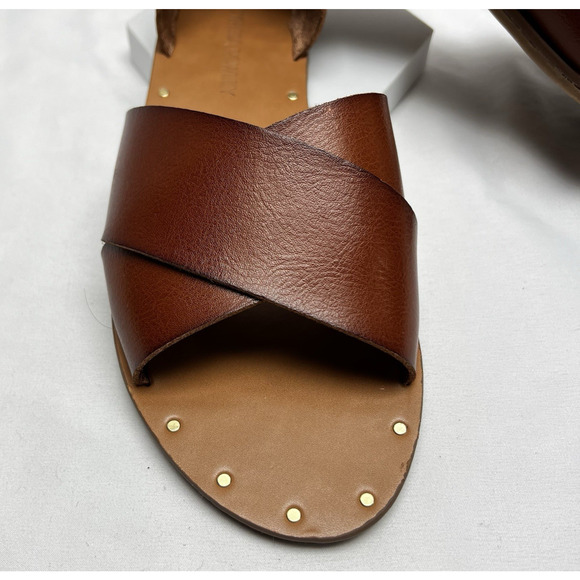 Cynthia Rowley Fiona Cognac 9.5 M Vegan Leather Cross Strap Slip On Sandals - Picture 2 of 8